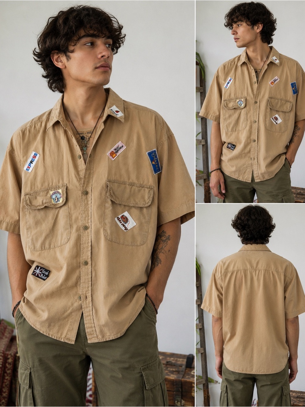 Starry Nite Safari Patch Button Up Shirt Medium Y2K Utility Campcore Gorpcore